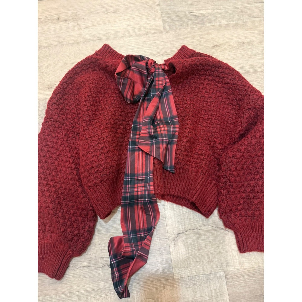 NWT Altar'd State Burgundy Textured Sweater Plaid Bow Open Back Size Small
